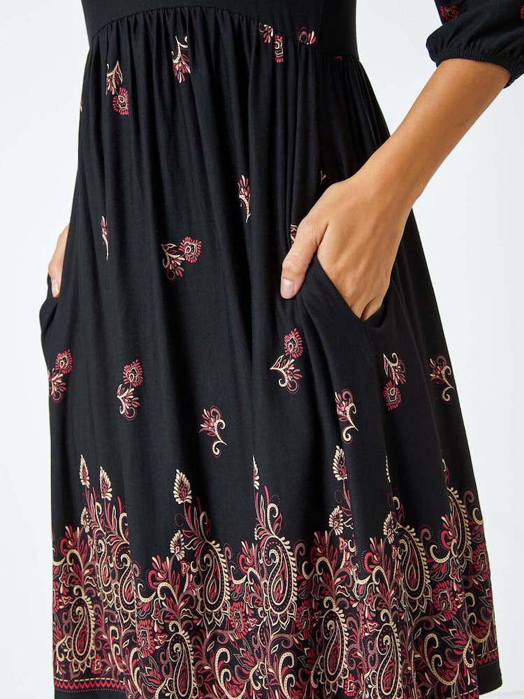 Roman Black Paisley Border Print Stretch Dress - Image 5 of 5