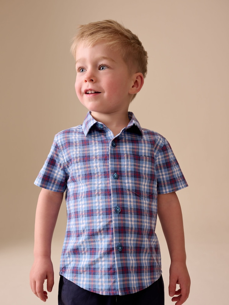 Blue/Navy Short Sleeve Check Seersucker Shirt (6mths-7yrs) - Image 1 of 8