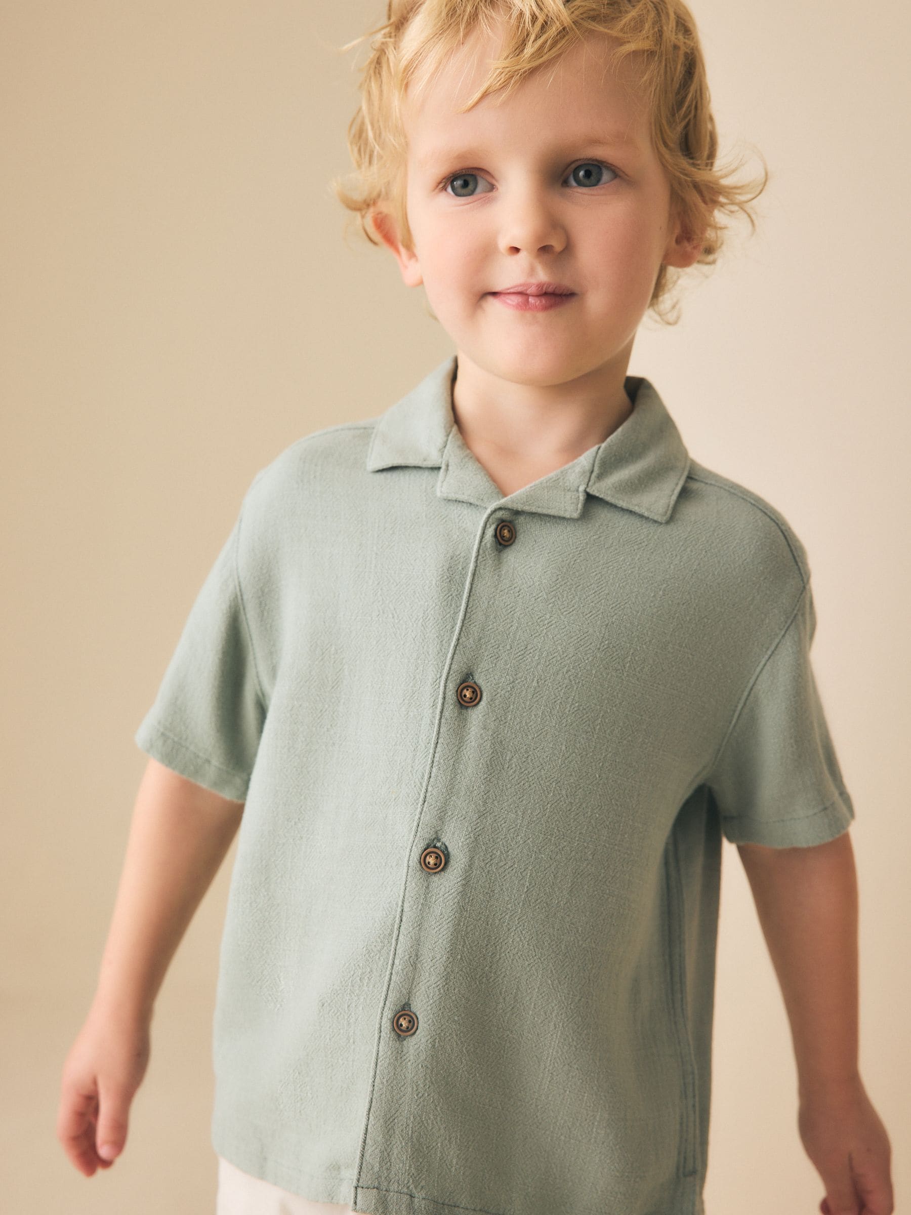 Buy Sage Green Short Sleeves Linen Blend Revere Collar Shirt