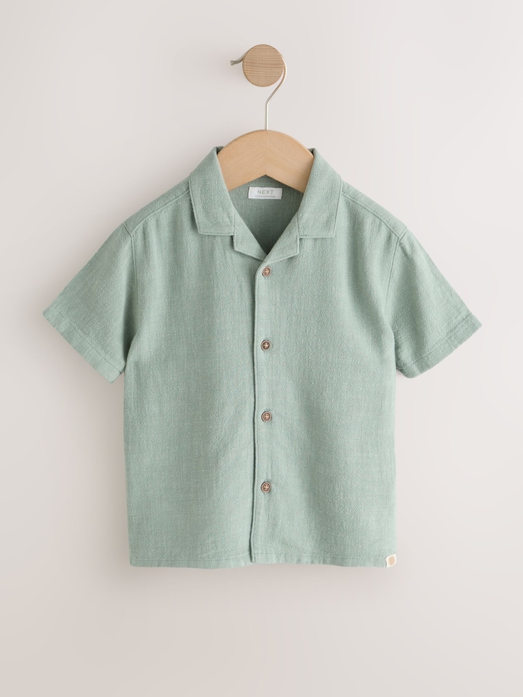 Sage Green Short Sleeves Linen Blend Revere Collar Shirt (3mths-7yrs) - Image 1 of 4 Sage Green Short Sleeves Linen Blend Revere Collar Shirt (3mths-7yrs) - Image 1 of 4