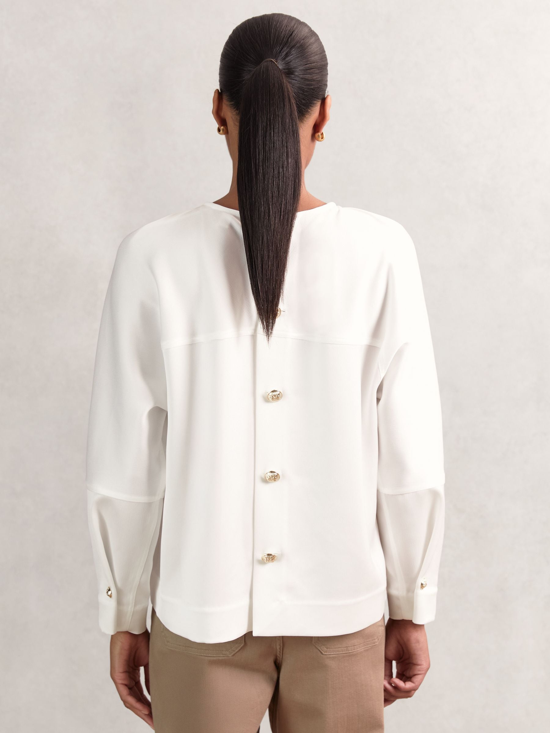 Buy Reiss Ivory Natalia Satin Button-Back Long-Sleeve Top from