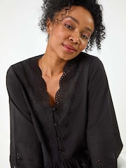 Roman Black Petite Broderie Scallop 100% Cotton Blouse - Image 1 of 5
