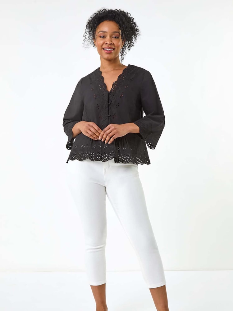 Roman Black Petite Broderie Scallop 100% Cotton Blouse - Image 2 of 5
