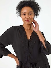 Roman Black Petite Broderie Scallop 100% Cotton Blouse - Image 4 of 5