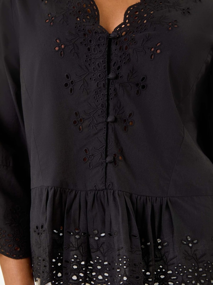 Roman Black Petite Broderie Scallop 100% Cotton Blouse - Image 5 of 5