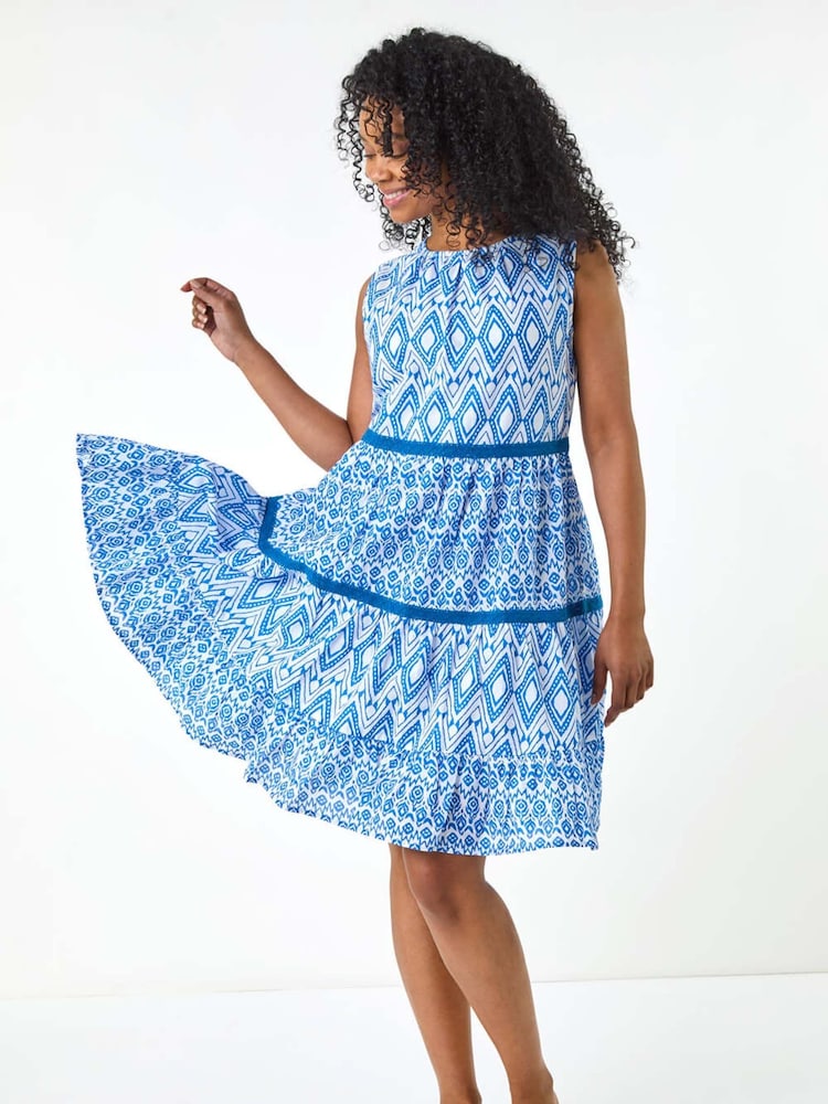 Roman Blue Petite 100% Cotton Geo Print Tiered Dress - Image 2 of 5