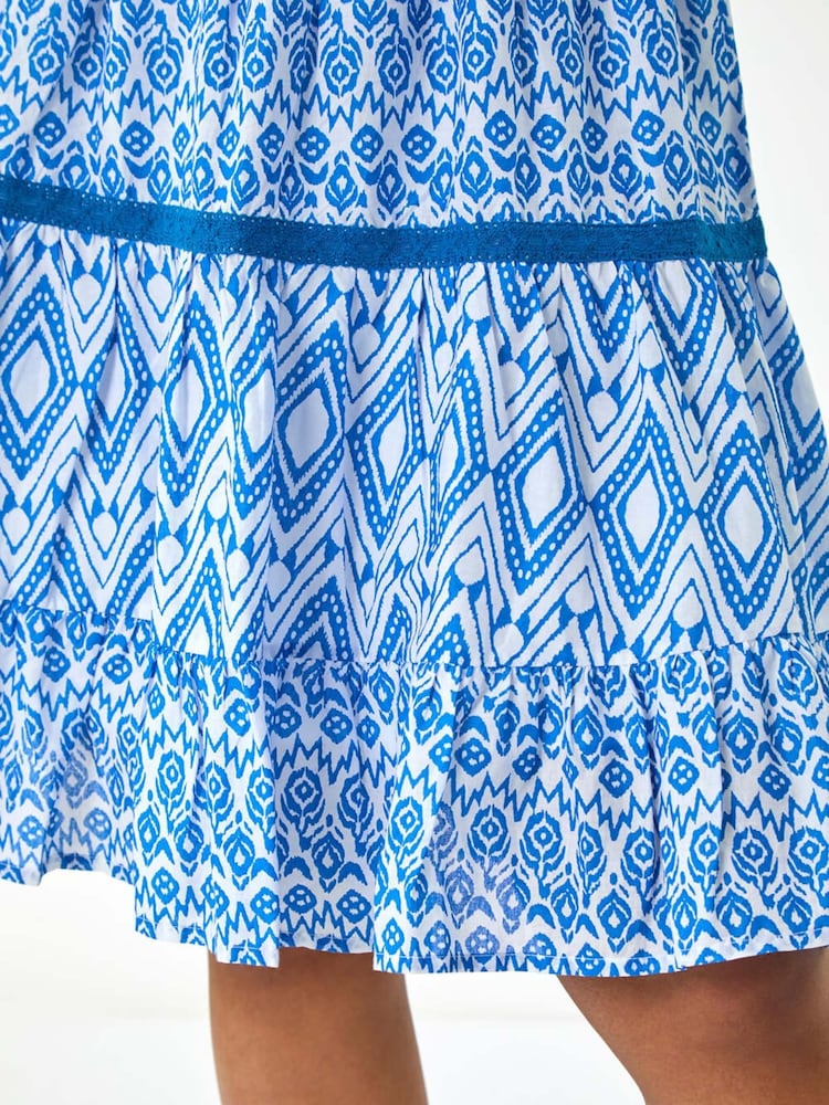 Roman Blue Petite 100% Cotton Geo Print Tiered Dress - Image 5 of 5