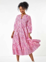 Roman Pink Petite Tiered 100% Cotton Midi Dress - Image 1 of 5