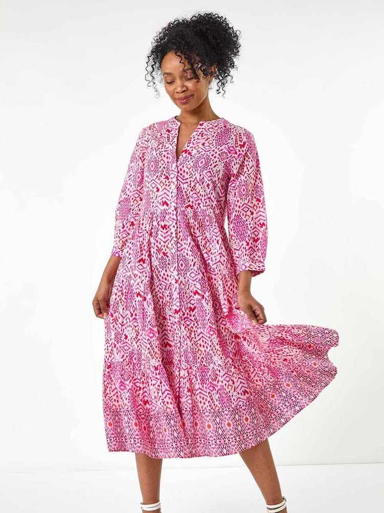 Roman Pink Petite Tiered 100% Cotton Midi Dress - Image 1 of 5