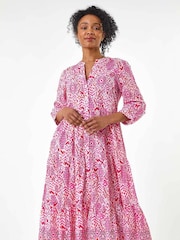 Roman Pink Petite Tiered 100% Cotton Midi Dress - Image 2 of 5