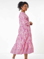 Roman Pink Petite Tiered 100% Cotton Midi Dress - Image 3 of 5