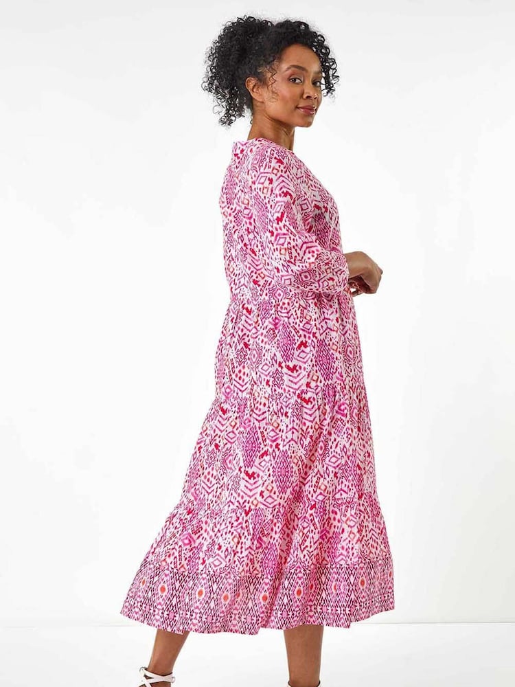 Roman Pink Petite Tiered 100% Cotton Midi Dress - Image 3 of 5