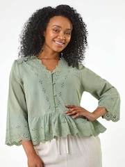 Roman Green Petite Broderie Scallop 100% Cotton Blouse - Image 1 of 5