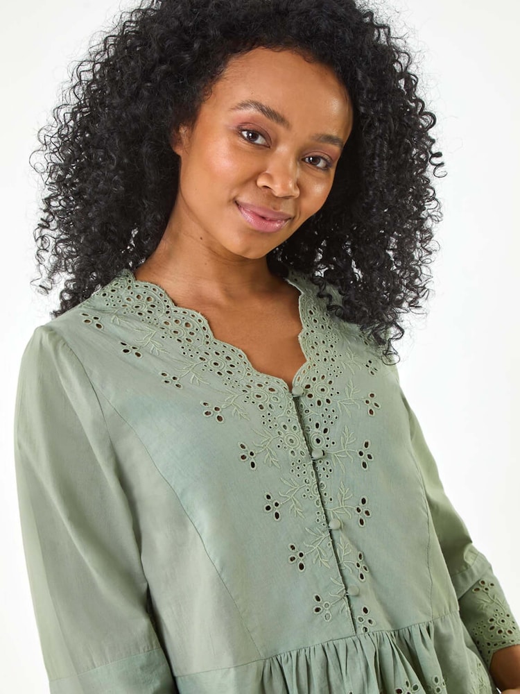Roman Green Petite Broderie Scallop 100% Cotton Blouse - Image 2 of 5