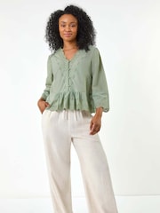 Roman Green Petite Broderie Scallop 100% Cotton Blouse - Image 4 of 5
