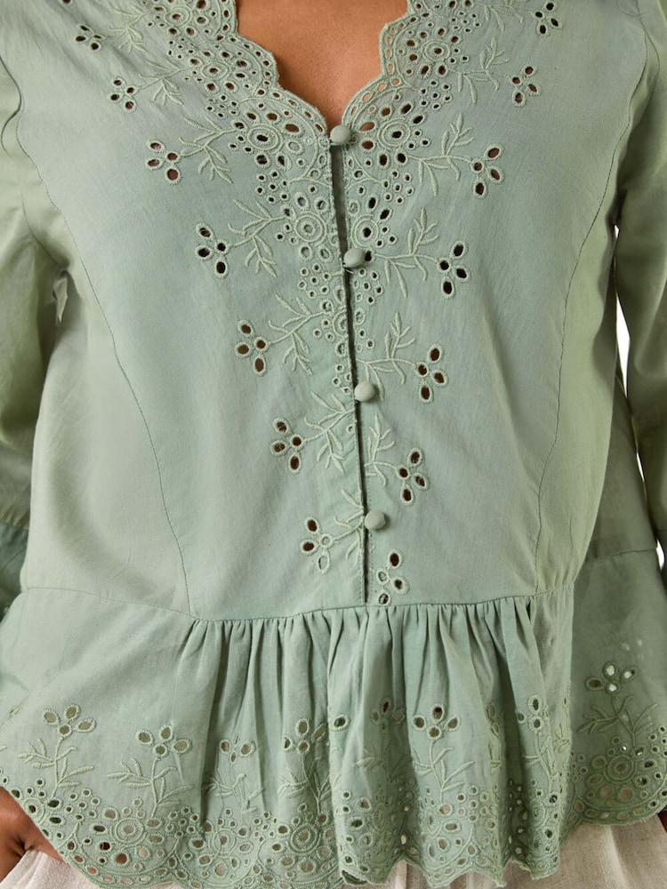Roman Green Petite Broderie Scallop 100% Cotton Blouse - Image 6 of 6 Roman Green Petite Broderie Scallop 100% Cotton Blouse - Image 6 of 6