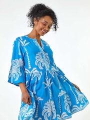 Roman Blue Petite 100% Cotton Tropical Tiered Dress - Image 1 of 5