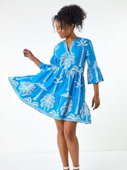 Roman Blue Petite 100% Cotton Tropical Tiered Dress - Image 3 of 5