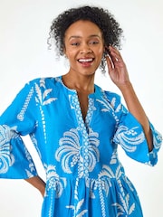 Roman Blue Petite 100% Cotton Tropical Tiered Dress - Image 4 of 5