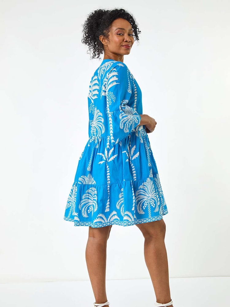 Roman Blue Petite 100% Cotton Tropical Tiered Dress - Image 5 of 5