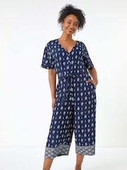 Roman Blue Petite Print V-Neck Cropped Jumpsuit - Image 1 of 5