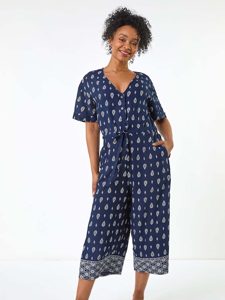 Roman Blue Petite Print V-Neck Cropped Jumpsuit - Image 1 of 5