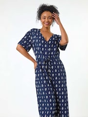 Roman Blue Petite Print V-Neck Cropped Jumpsuit - Image 2 of 5