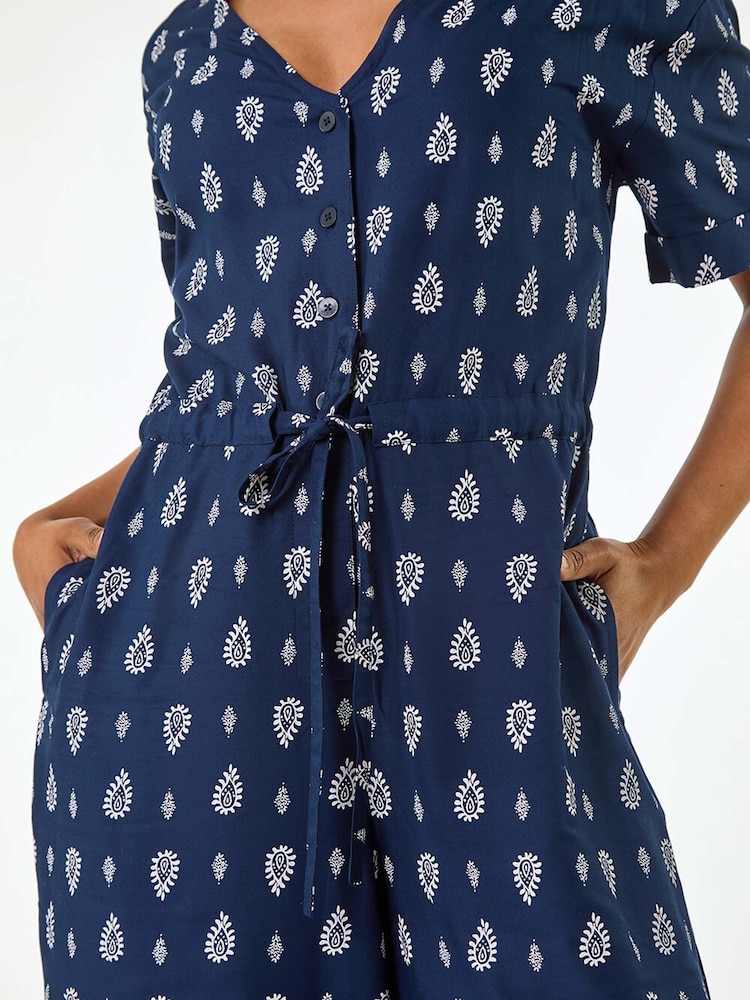Roman Blue Petite Print V-Neck Cropped Jumpsuit - Image 5 of 5