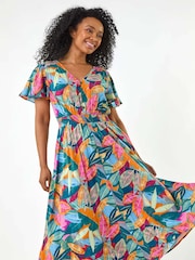 Roman Green Petite Leaf Print Shirred Midi Dress - Image 1 of 5