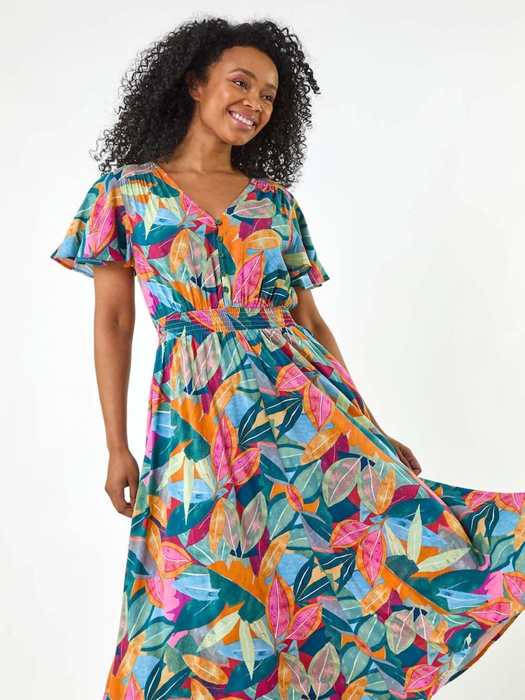 Roman Green Petite Leaf Print Shirred Midi Dress - Image 1 of 5