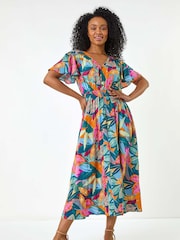 Roman Green Petite Leaf Print Shirred Midi Dress - Image 2 of 5