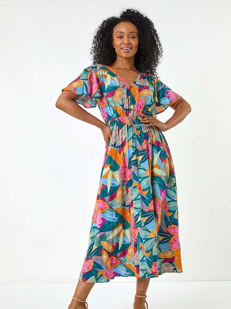 Roman Petite Leaf Print Shirred Midi Dress - Imagen 2 de 5 Roman Petite Leaf Print Shirred Midi Dress - Imagen 2 de 5