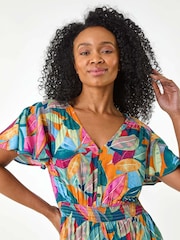 Roman Green Petite Leaf Print Shirred Midi Dress - Image 4 of 5