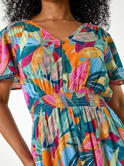 Roman Green Petite Leaf Print Shirred Midi Dress - Image 5 of 5