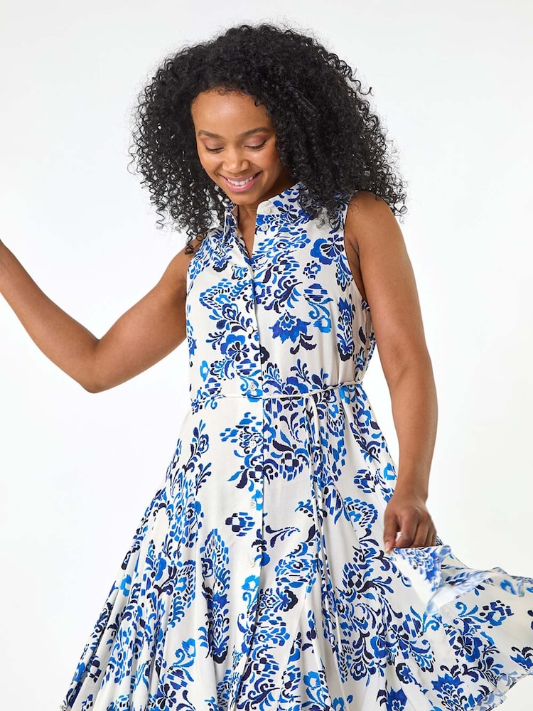 Roman Blue Petite Floral Print Tie Waist Dress - Image 1 of 5