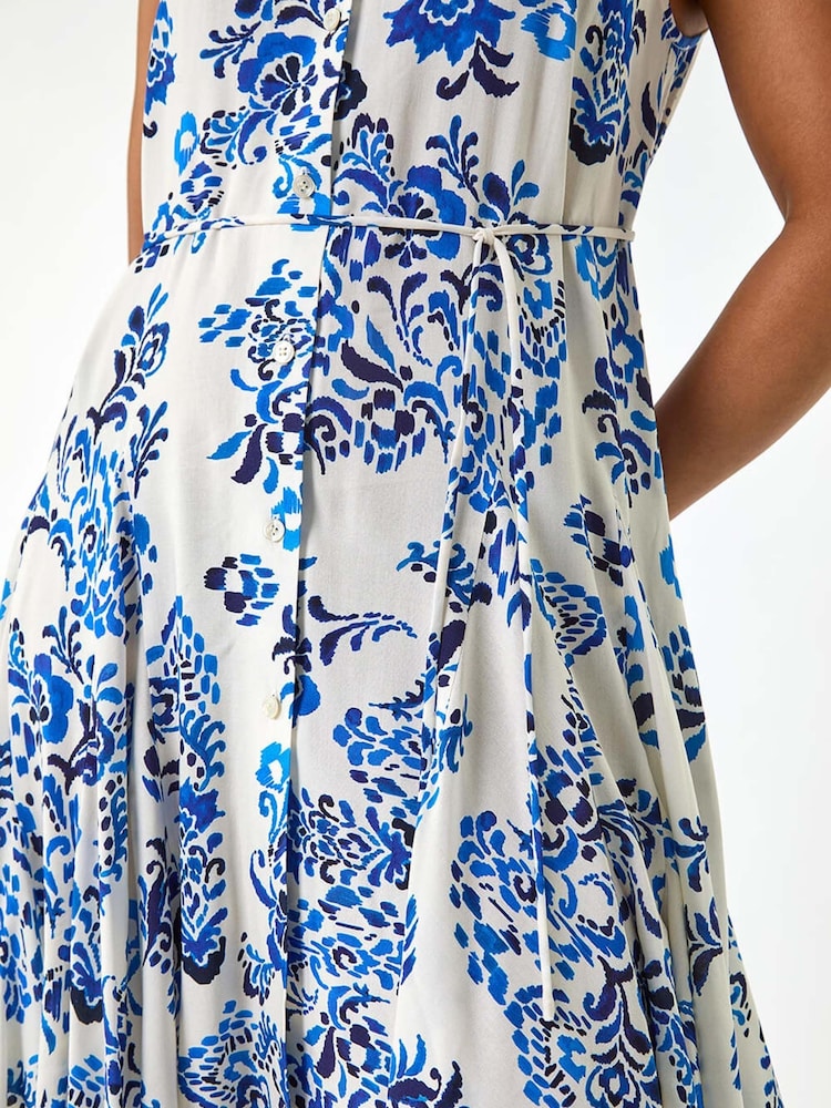 Roman Blue Petite Floral Print Tie Waist Dress - Image 5 of 5