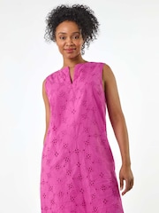 Roman Pink Petite 100% Cotton Floral Embroidered Shift Dress - Image 1 of 5