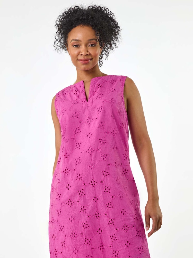 Roman Pink Petite 100% Cotton Floral Embroidered Shift Dress - Image 1 of 5