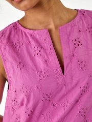 Roman Pink Petite 100% Cotton Floral Embroidered Shift Dress - Image 5 of 5