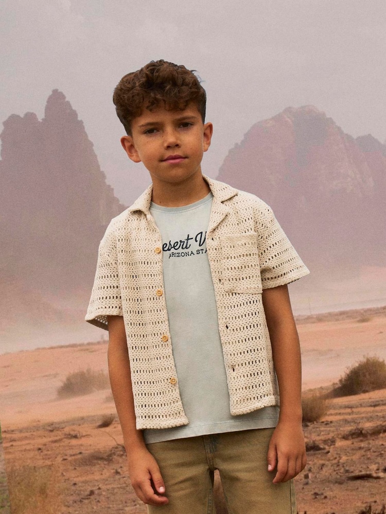 Name It Natural Revere Collar Button Down Crochet 100% Organic Cotton Shirt - Image 1 of 1
