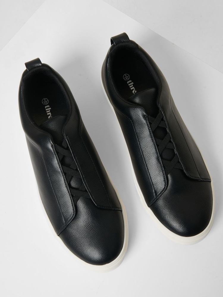 Threadbare Black Faux Leather Elastic Lace Slip On Trainers - Image 2 of 4 Threadbare Black Faux Leather Elastic Lace Slip On Trainers - Image 2 of 4