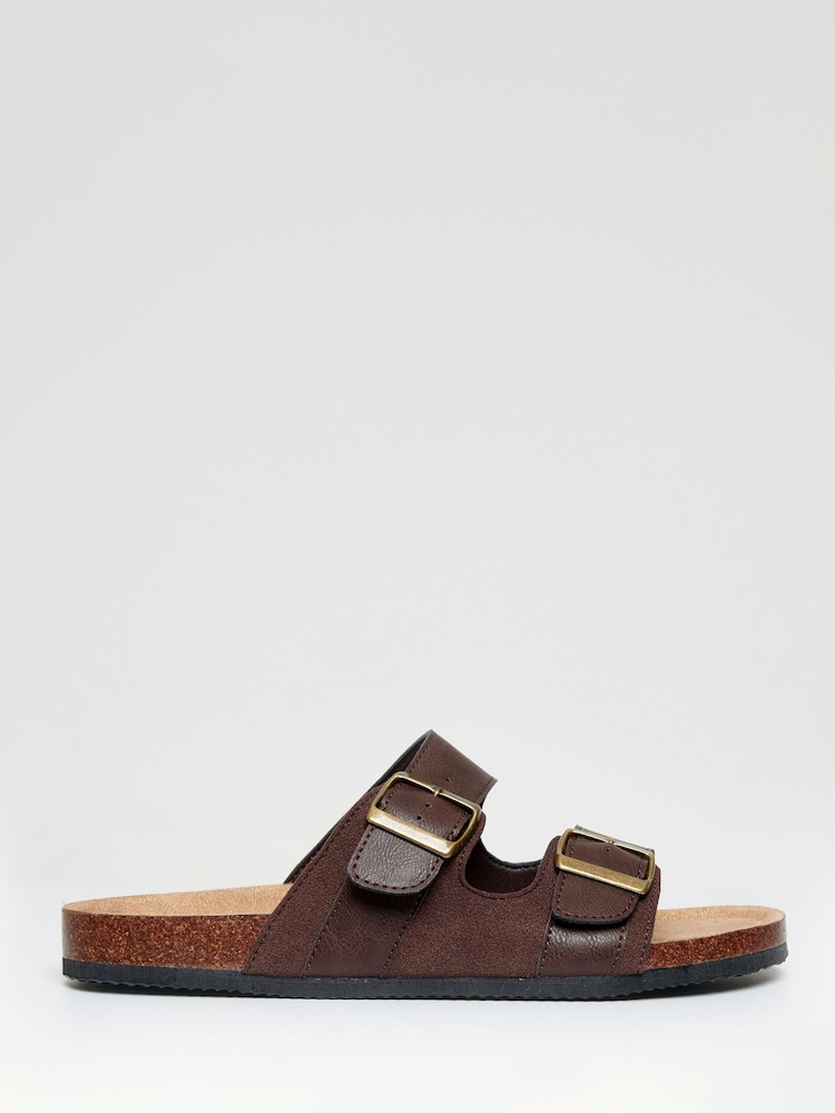 Threadbare Brown Slip-On Two Buckle Strap Sandals - Image 1 of 4