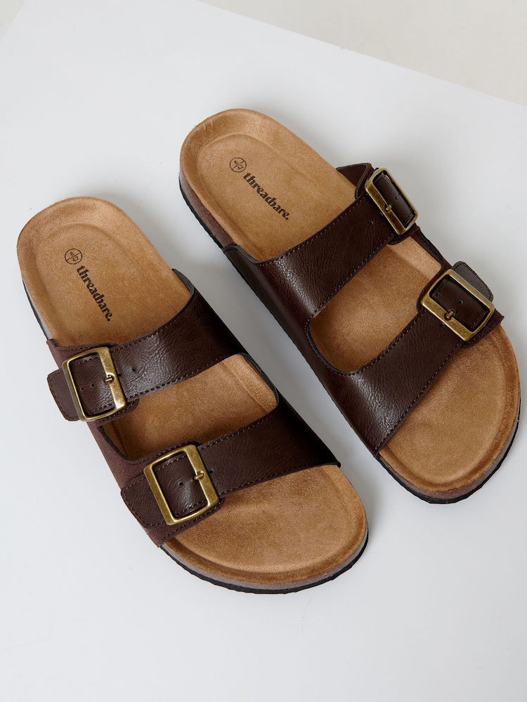 Threadbare Brown Slip-On Two Buckle Strap Sandals - Image 2 of 4