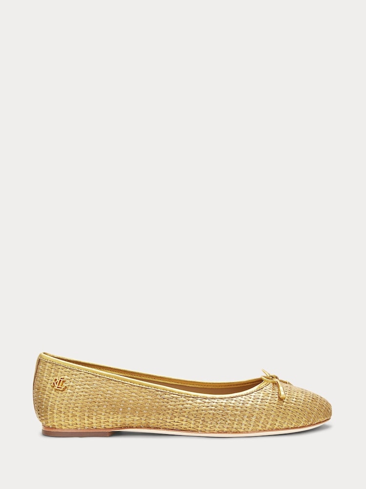 Lauren Ralph Lauren Gold Jayna Leather Trim Metallic Straw Flat Ballet Pumps - Image 1 of 4