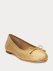 Lauren Ralph Lauren Gold Jayna Leather Trim Metallic Straw Flat Ballet Pumps - Image 2 of 4