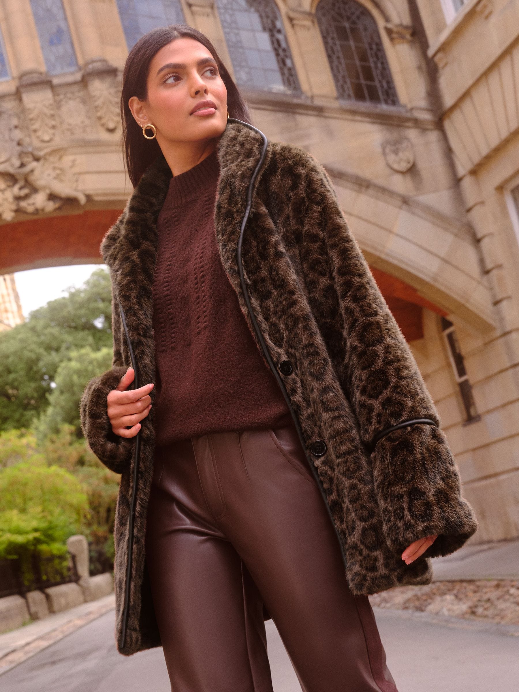 Buy Love & Roses Brown Petite Leopard Print Faux Fur Coat from the