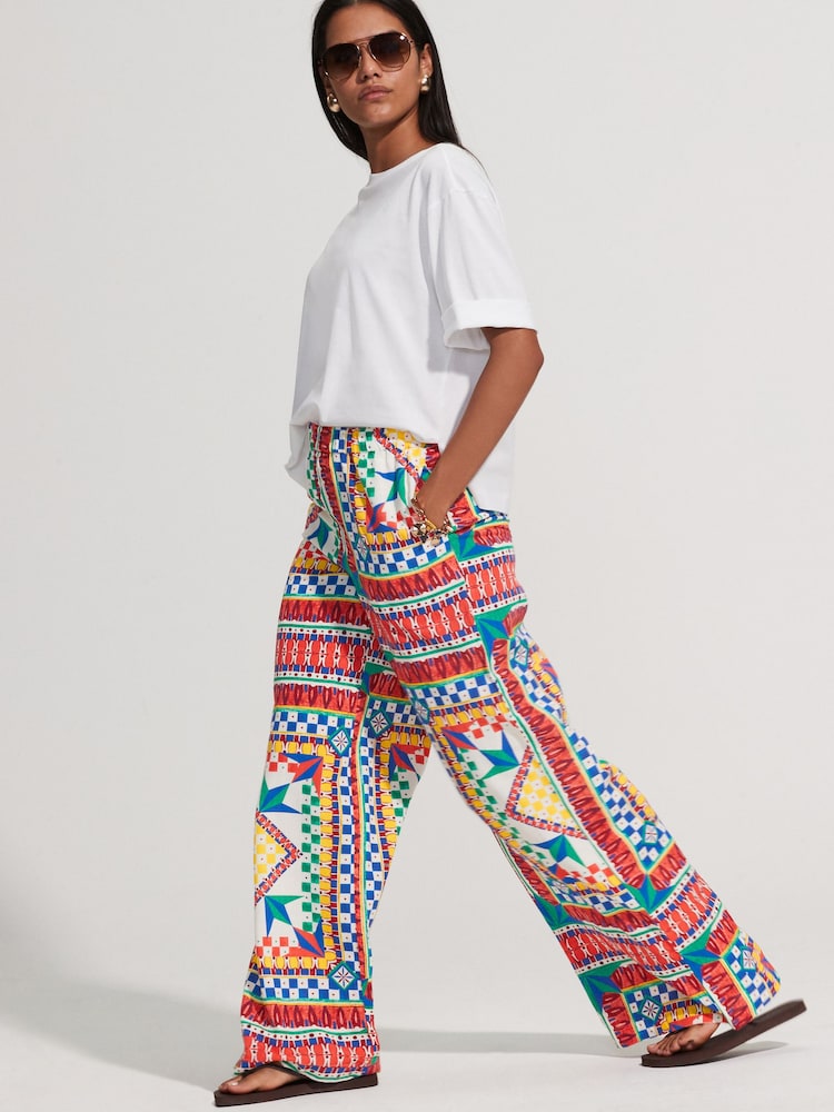 Multi Wide Leg Patterned Trousers With Linen - Image 2 of 7 Multi Wide Leg Patterned Trousers With Linen - Image 2 of 7