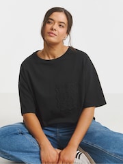 Simply Be Black Broderie Pocket 100% Cotton T-Shirt - Image 1 of 4