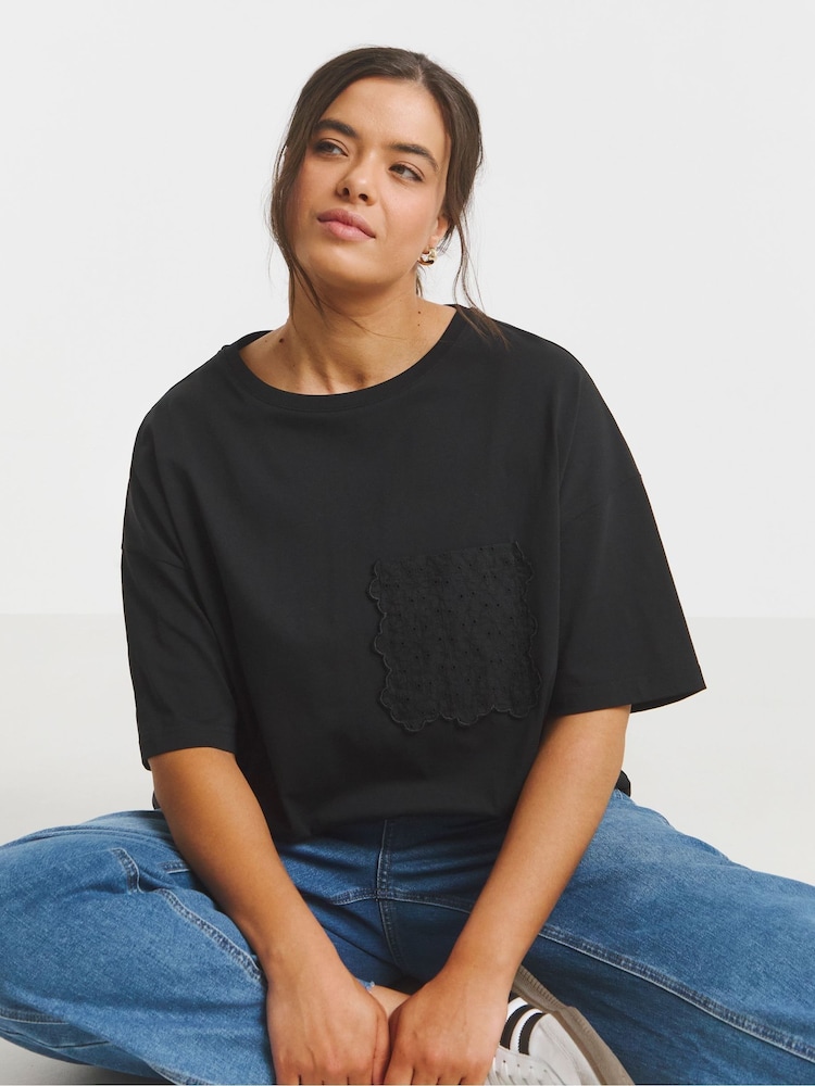 Simply Be Black Broderie Pocket 100% Cotton T-Shirt - Image 1 of 4