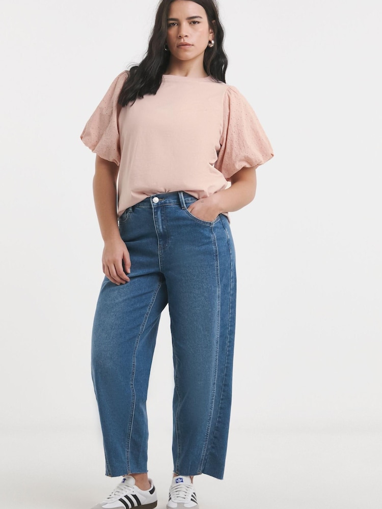 Simply Be Pink Broderie Puff Sleeve 100% Cotton T-Shirt - Image 1 of 4